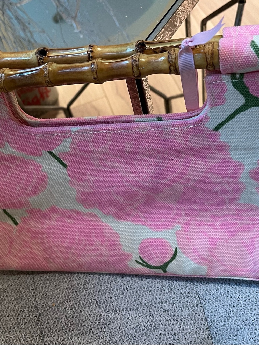 NWT Lilibridge Pink Peonies Resort Floral Canvas Clutch Tote bag bamboo handles - Picture 13 of 16